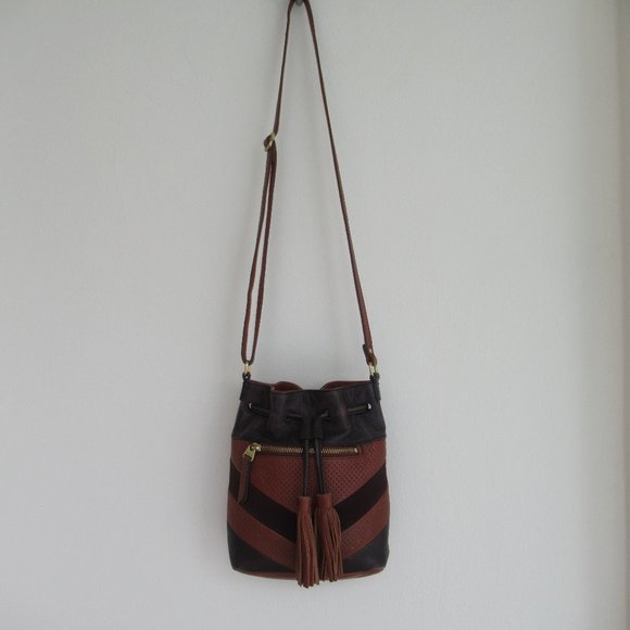 Fossil 100% Leather and Suede Bucket Shoulder Handbag Crossbody Medium sz Brown - Picture 2 of 13